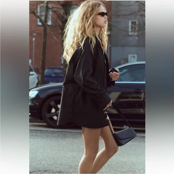 Zara Black Water Repellent Quilted Overshirt shirt Jacket button closure NWT - Picture 3 of 16